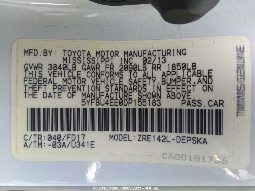 2013 TOYOTA COROLLA S 5YFBU4EE0DP155183