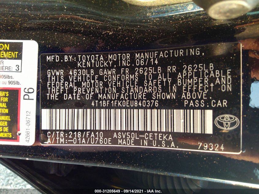 2014 TOYOTA CAMRY L/LE/XLE/SE/SE SPORT 4T1BF1FK0EU840376