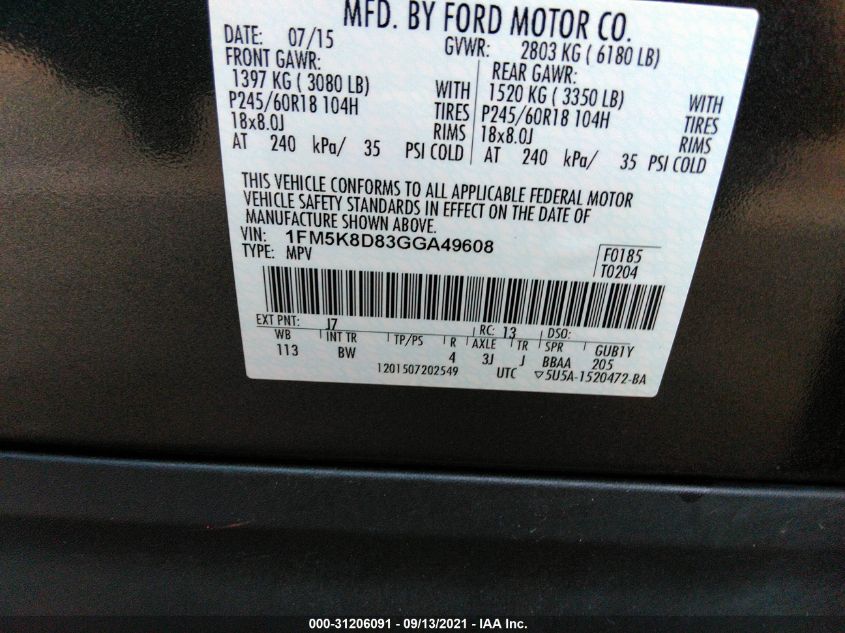 2016 FORD EXPLORER XLT 1FM5K8D83GGA49608