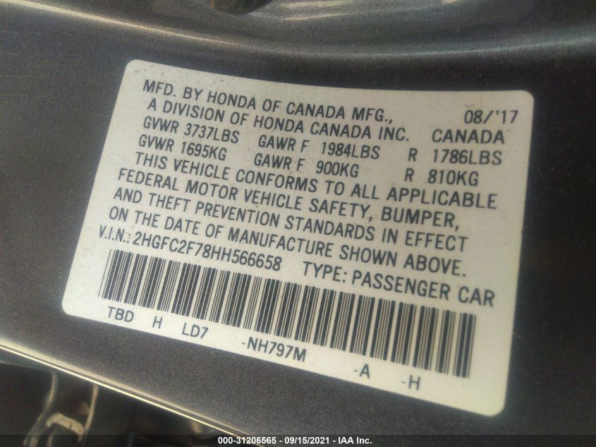 2017 HONDA CIVIC SEDAN EX 2HGFC2F78HH566658