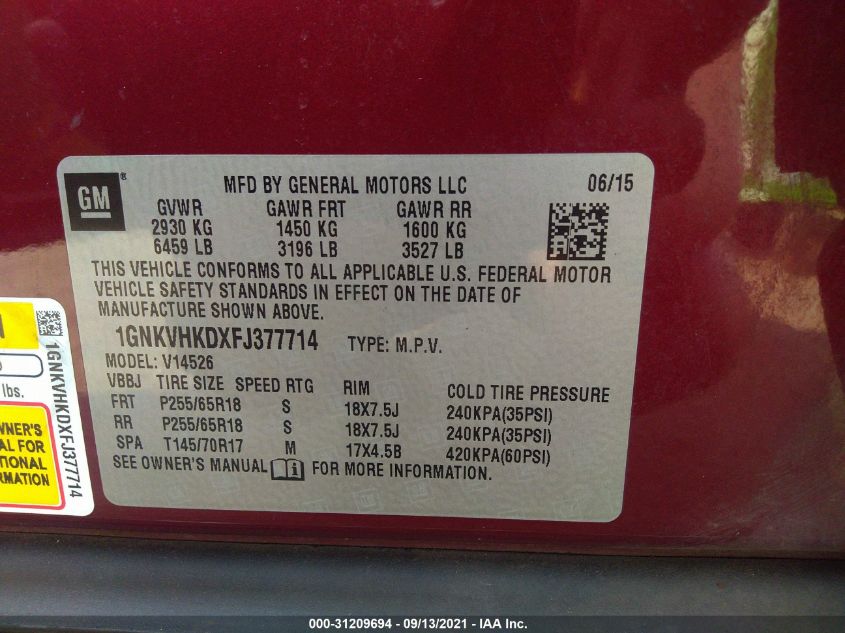 2015 CHEVROLET TRAVERSE LT 1GNKVHKDXFJ377714