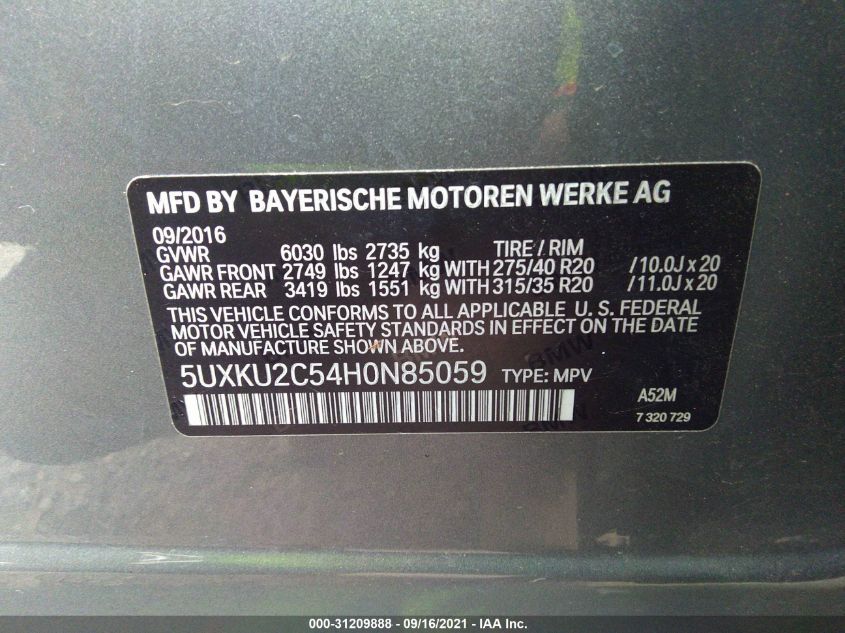 2017 BMW X6 XDRIVE35I 5UXKU2C54H0N85059