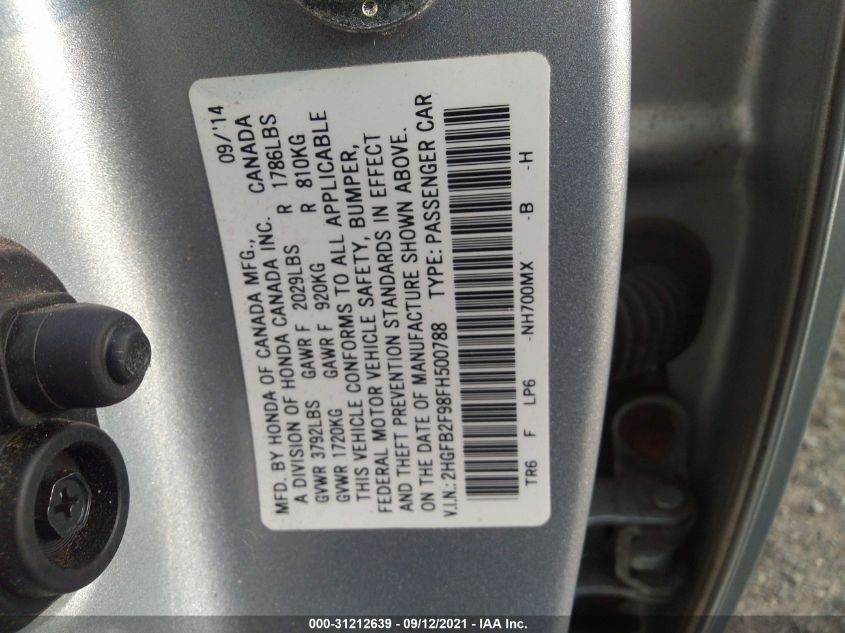 2015 HONDA CIVIC SEDAN EX-L 2HGFB2F98FH500788