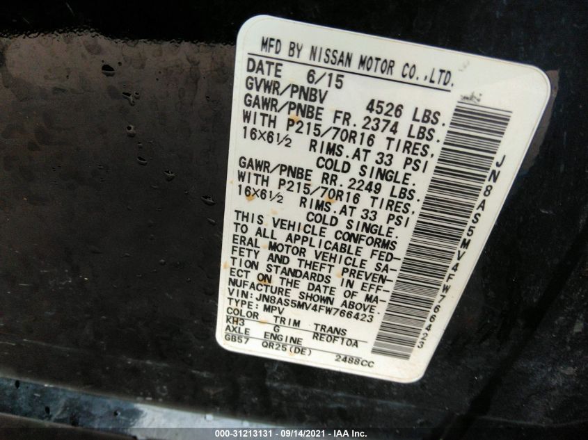 2015 NISSAN ROGUE SELECT S JN8AS5MV4FW766423