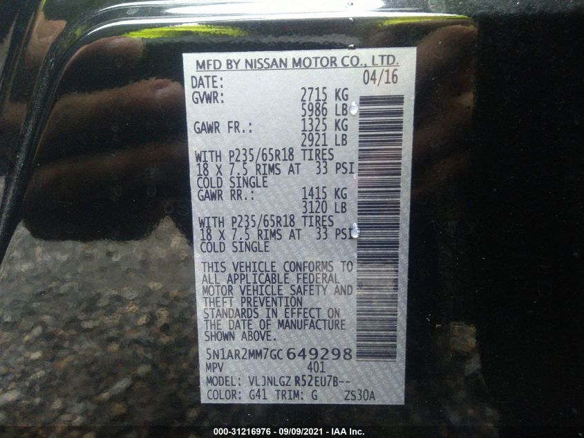 2016 NISSAN PATHFINDER SL 5N1AR2MM7GC649298