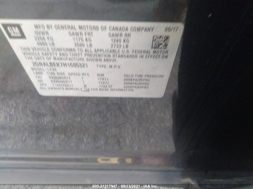CHEVROLET EQUINOX 2017 VIN 2GNALBEK7H1605321