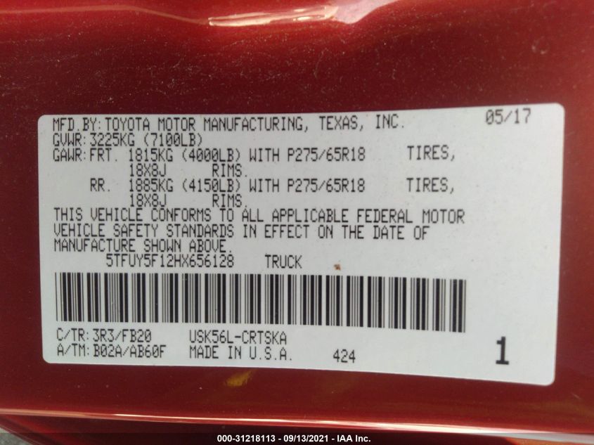 2017 TOYOTA TUNDRA 4WD SR/SR5/TRD PRO 5TFUY5F12HX656128