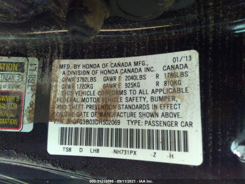2013 HONDA CIVIC CPE EX-L 2HGFG3B03DH502069