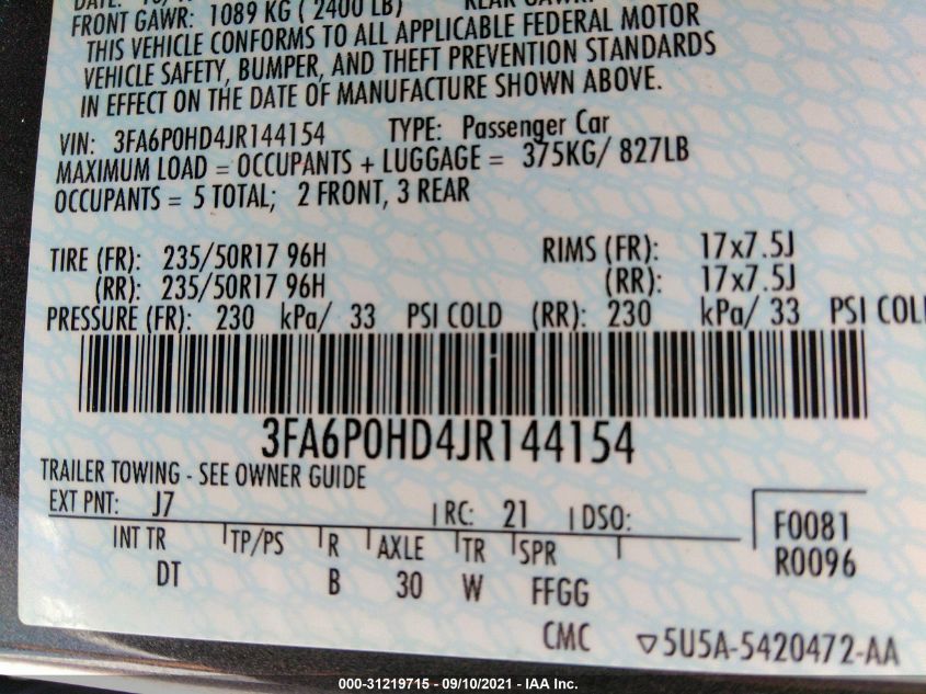 2018 FORD FUSION SE 3FA6P0HD4JR144154