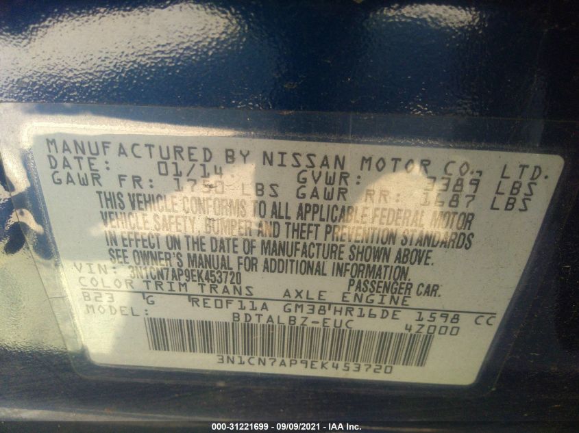 2014 NISSAN VERSA SV 3N1CN7AP9EK453720