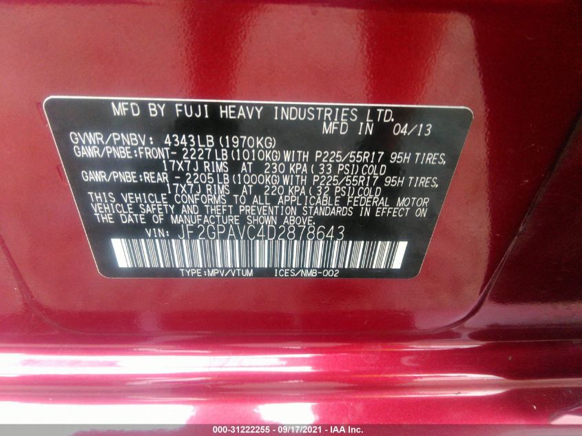 2013 SUBARU XV CROSSTREK PREMIUM JF2GPAVC4D2878643