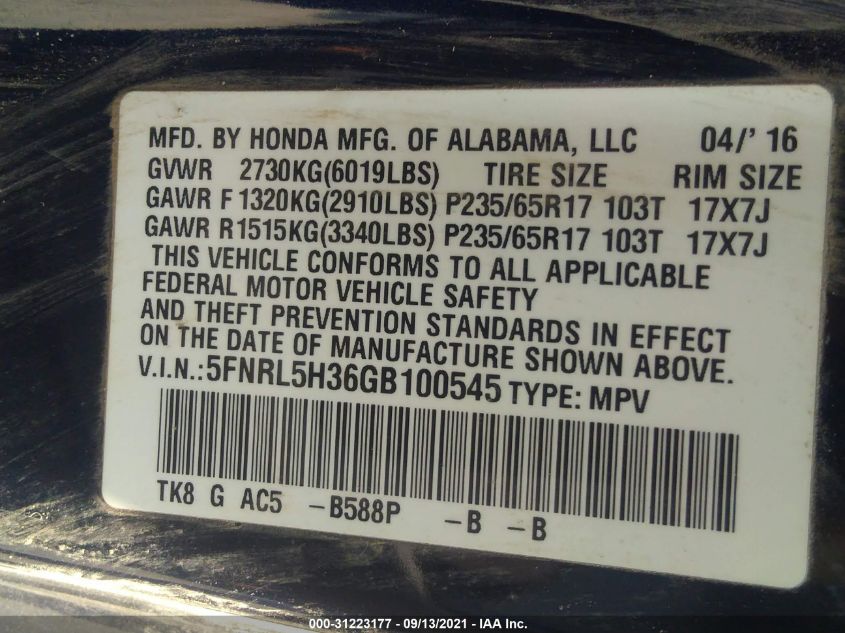 2016 HONDA ODYSSEY SE 5FNRL5H36GB100545