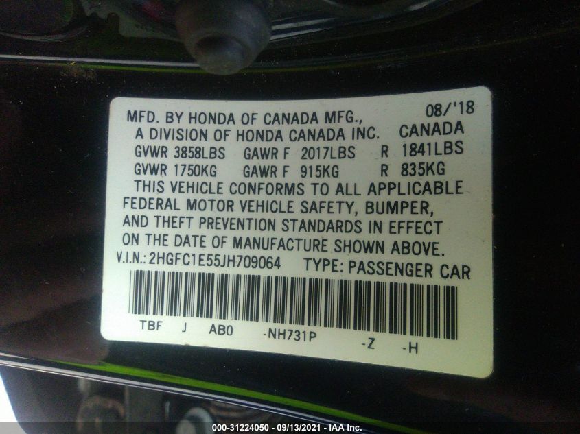 2018 HONDA CIVIC SI SEDAN 2HGFC1E55JH709064