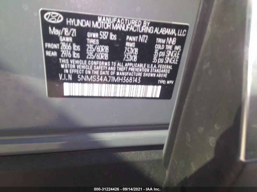 2021 HYUNDAI SANTA FE SEL 5NMS34AJ1MH368143