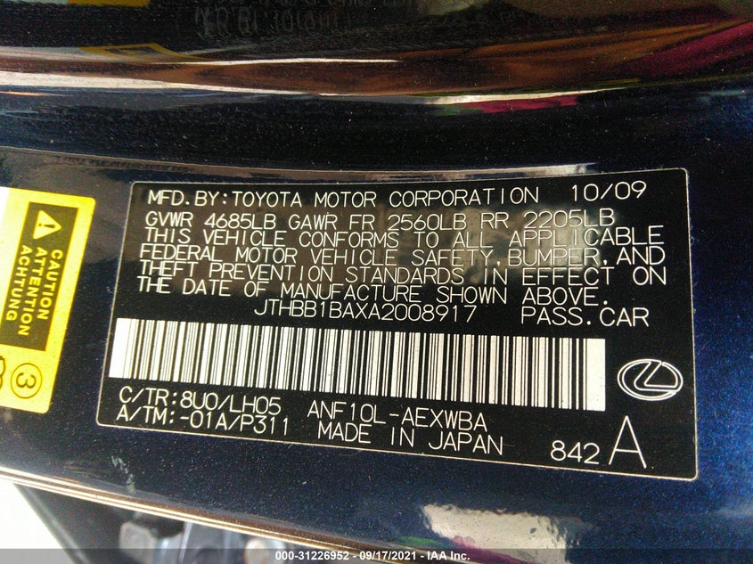 2010 LEXUS HS VIN: JTHBB1BAXA2008917