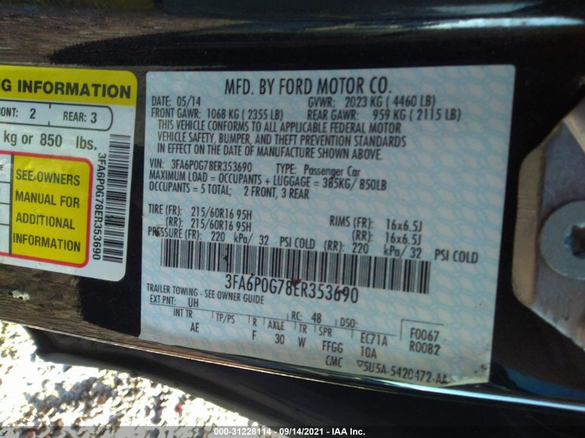 2014 FORD FUSION S 3FA6P0G78ER353690