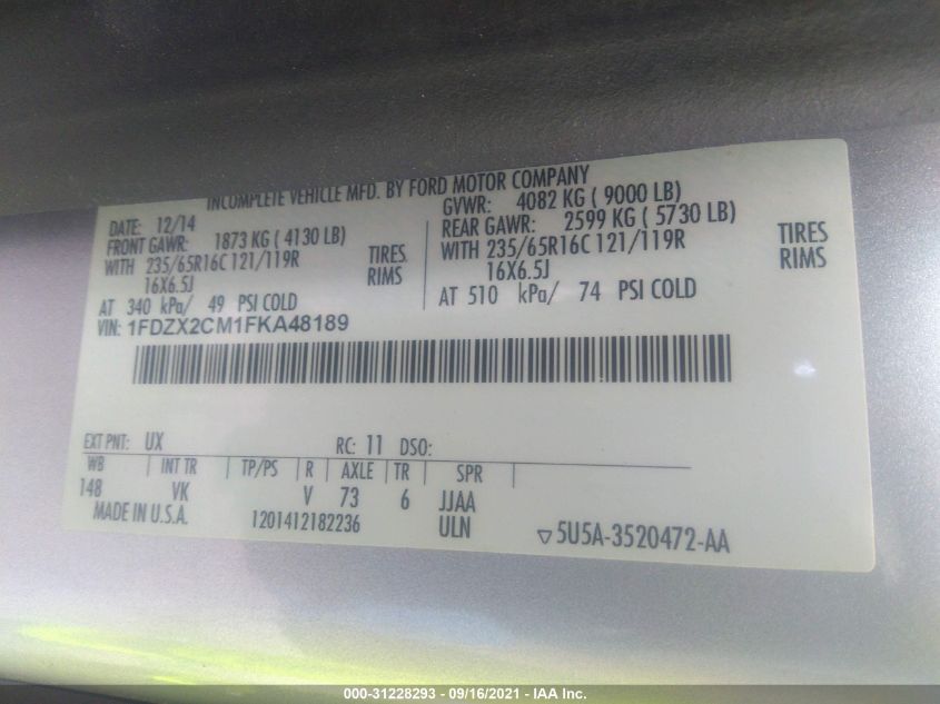 2015 FORD TRANSIT WAGON XL/XLT 1FDZX2CM1FKA48189