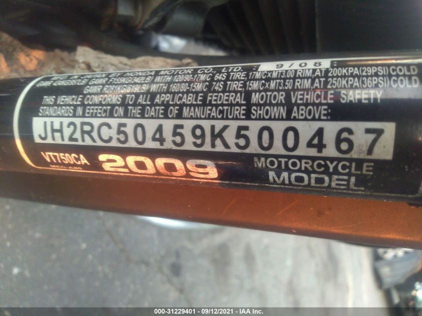 2009 HONDA VT750 C JH2RC50459K500467