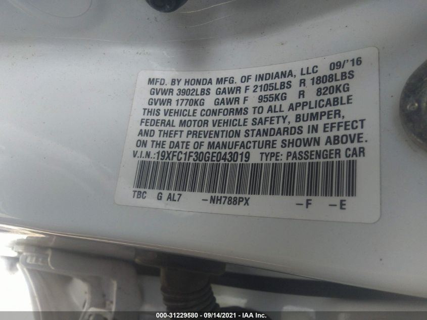 2016 HONDA CIVIC SEDAN EX-T 19XFC1F30GE043019