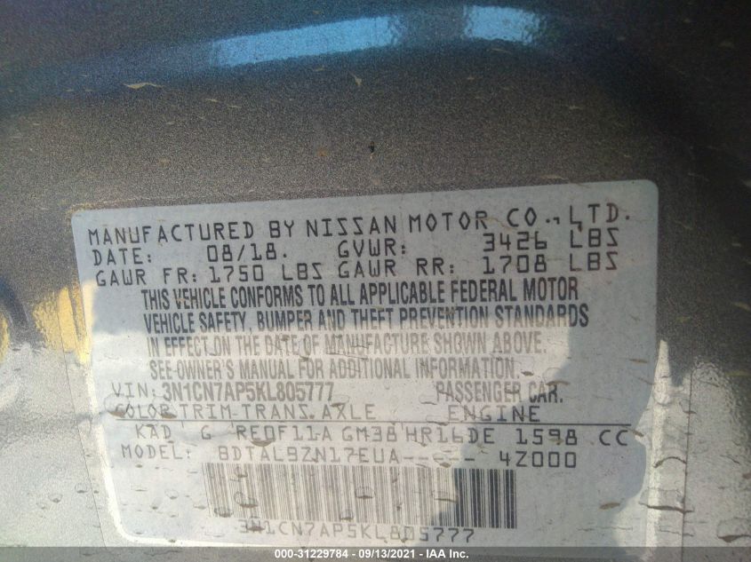 2019 NISSAN VERSA SEDAN SV 3N1CN7AP5KL805777