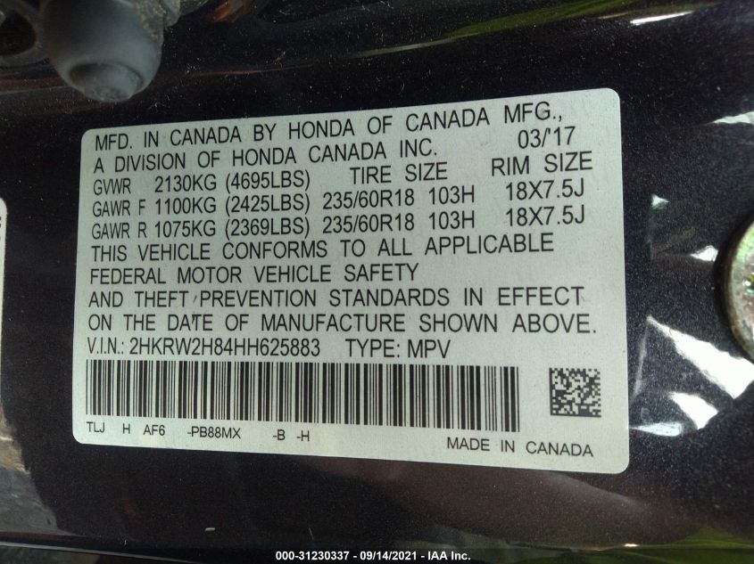 2017 HONDA CR-V EX-L 2HKRW2H84HH625883