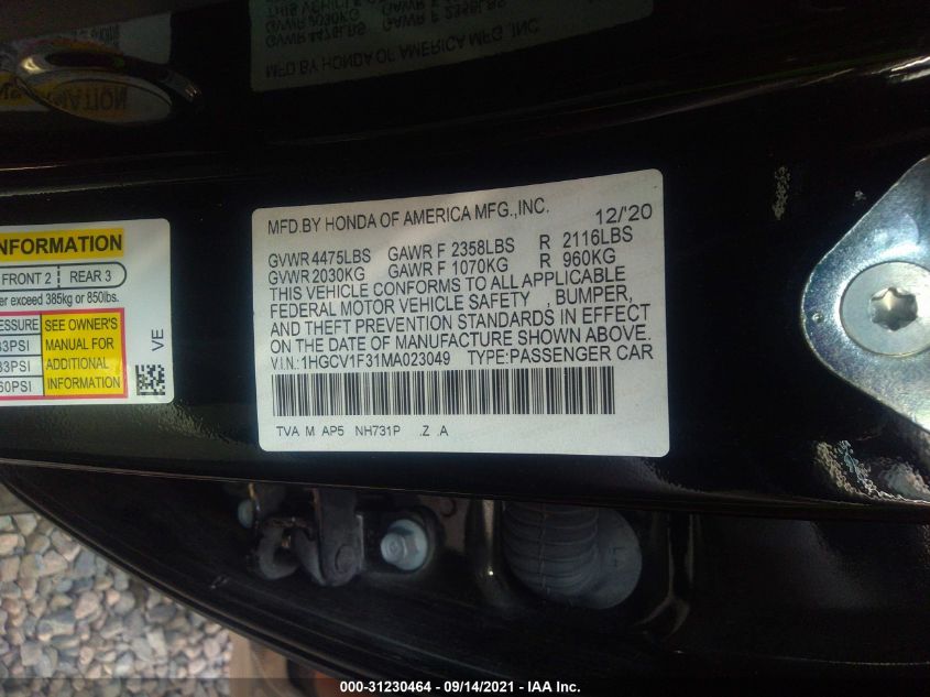 2021 HONDA ACCORD SEDAN SPORT 1HGCV1F31MA023049