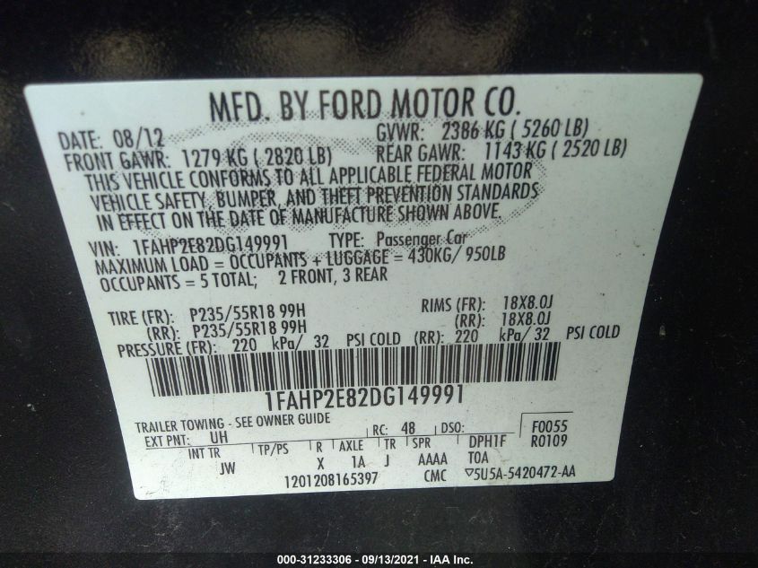 2013 FORD TAURUS SEL 1FAHP2E82DG149991