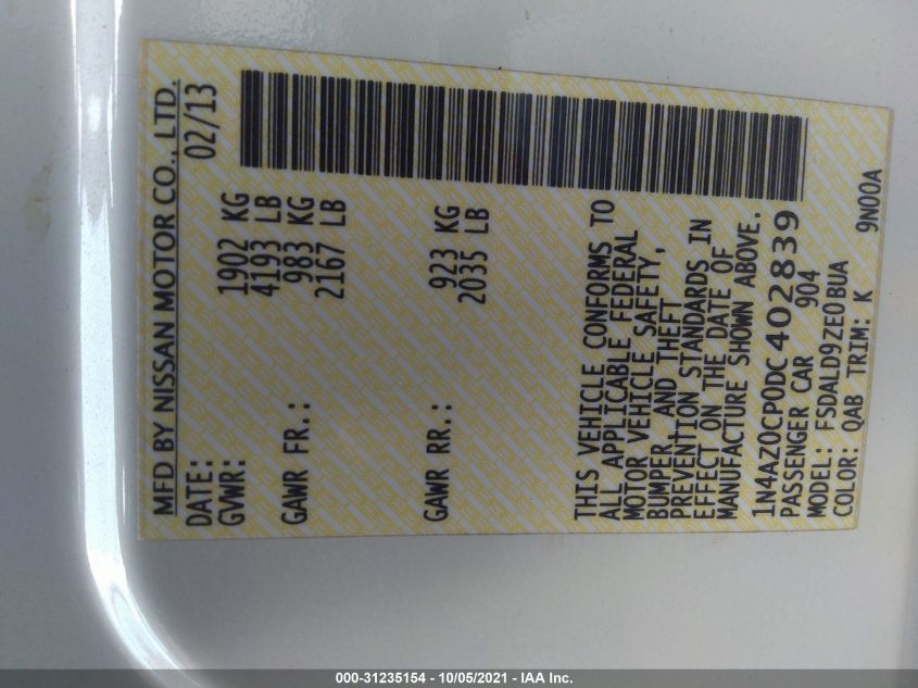 2013 NISSAN LEAF SV 1N4AZ0CP0DC402839