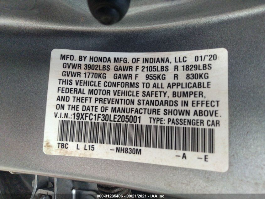 2020 HONDA CIVIC SEDAN EX 19XFC1F30LE205001