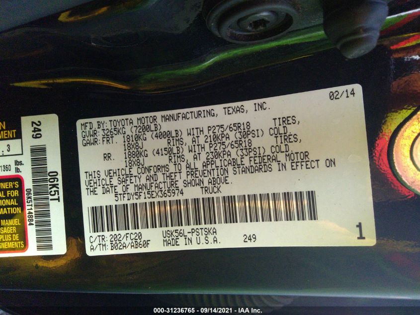 2014 TOYOTA TUNDRA 4WD TRUCK SR5 5TFDY5F15EX365974