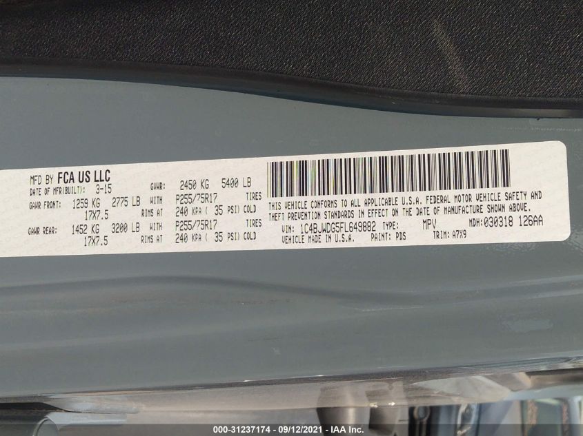 2015 JEEP WRANGLER UNLIMITED SPORT 1C4BJWDG5FL649882