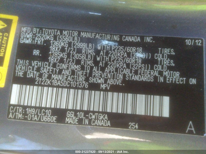 2013 LEXUS RX 350 2T2ZK1BA5DC101376