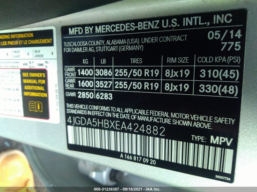 2014 MERCEDES-BENZ M-CLASS ML 350 4JGDA5HBXEA424882