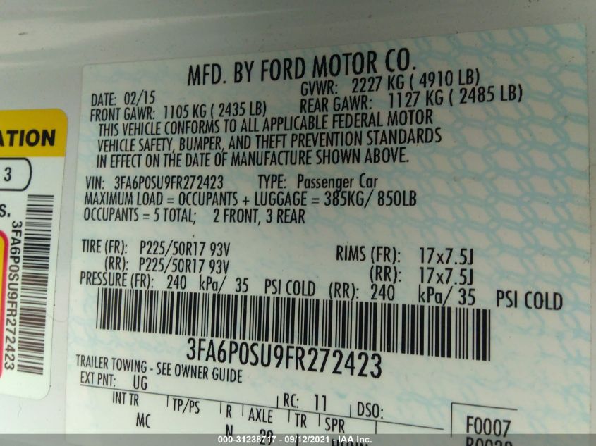 2015 FORD FUSION ENERGI TITANIUM 3FA6P0SU9FR272423