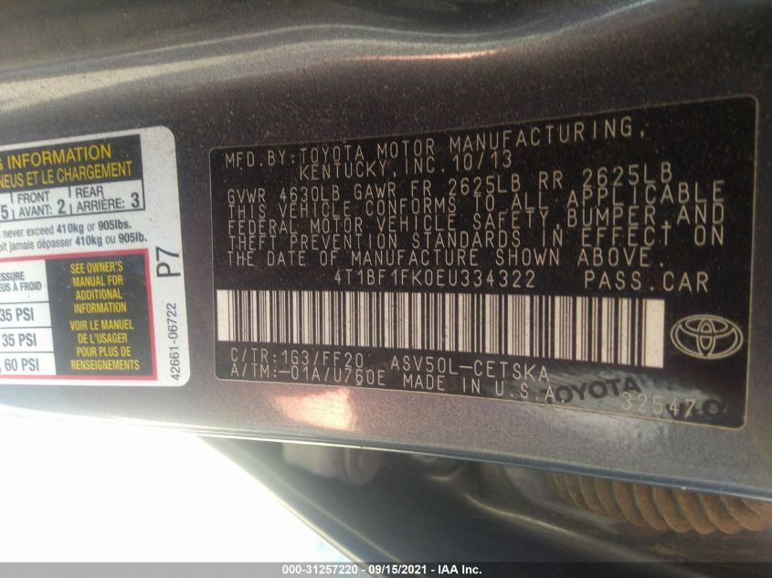 2014 TOYOTA CAMRY L/LE/XLE/SE/SE SPORT 4T1BF1FK0EU334322