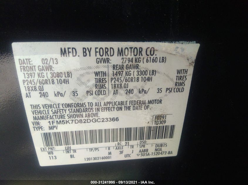 2013 FORD EXPLORER XLT 1FM5K7D82DGC23366