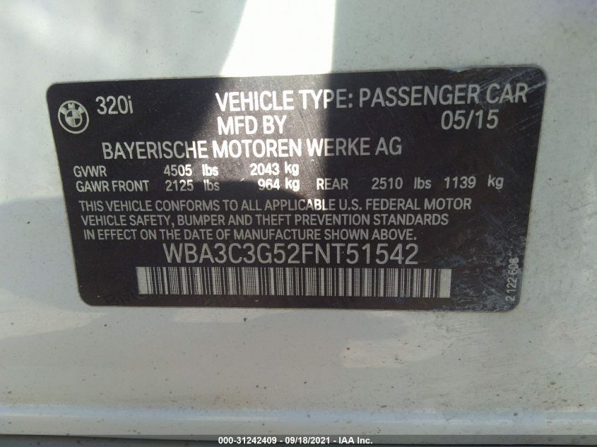 2015 BMW 3 SERIES 320I XDRIVE WBA3C3G52FNT51542
