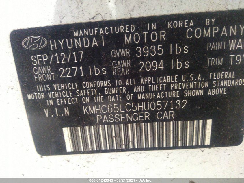 2017 HYUNDAI IONIQ HYBRID BLUE KMHC65LC5HU057132