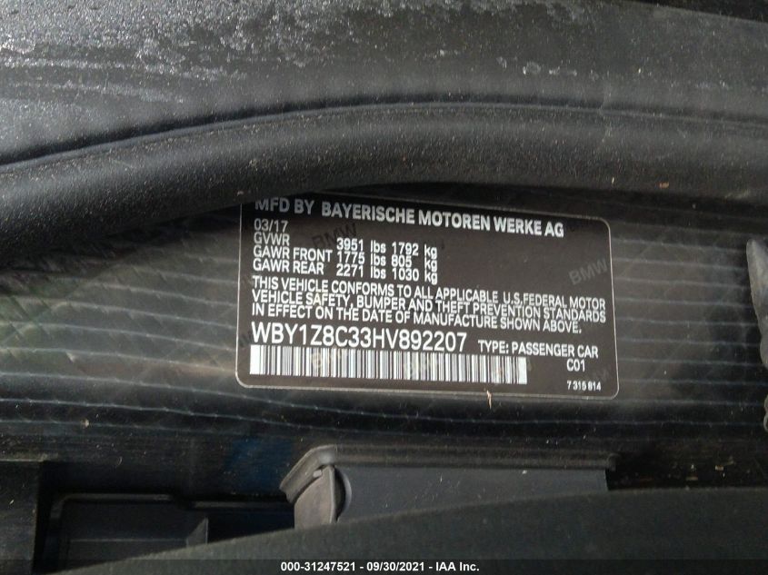 2017 BMW I3 WBY1Z8C33HV892207