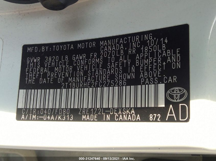 2015 TOYOTA COROLLA S 2T1BURHE2FC275286
