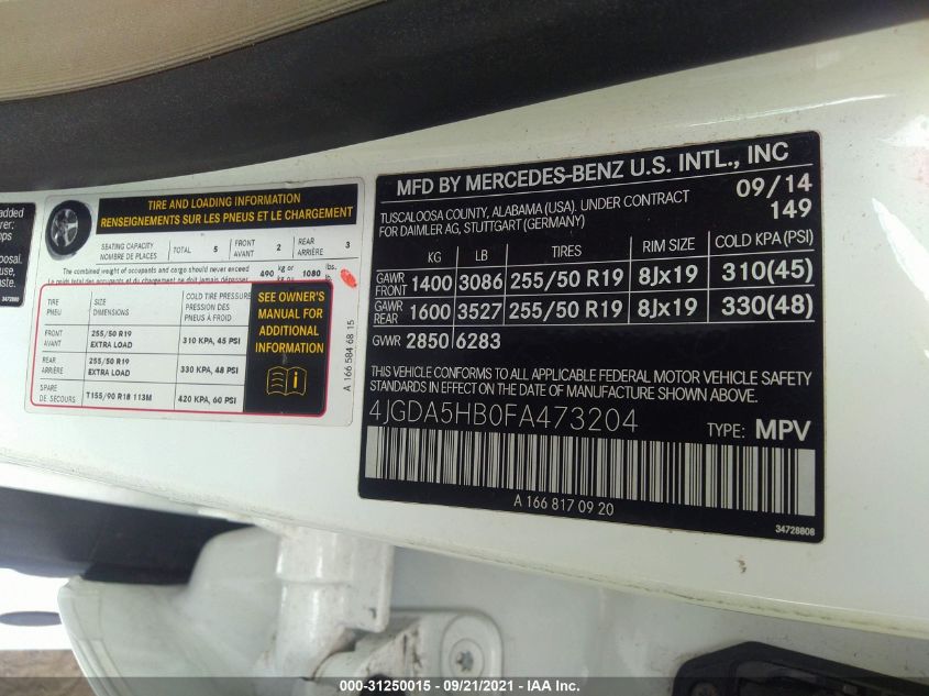 2015 MERCEDES-BENZ M-CLASS ML 350 4JGDA5HB0FA473204