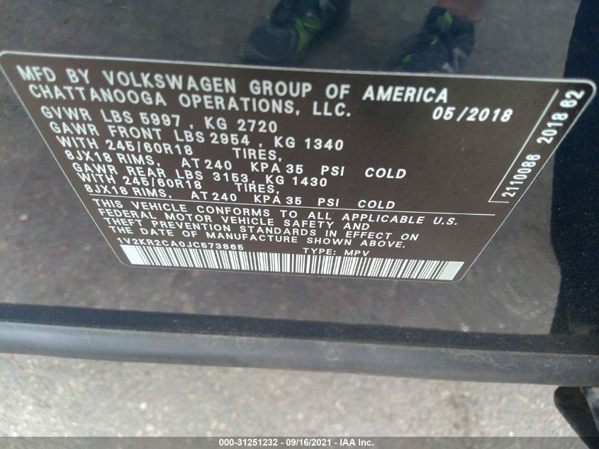 2018 VOLKSWAGEN ATLAS 3.6L V6 SE 1V2KR2CA0JC573865