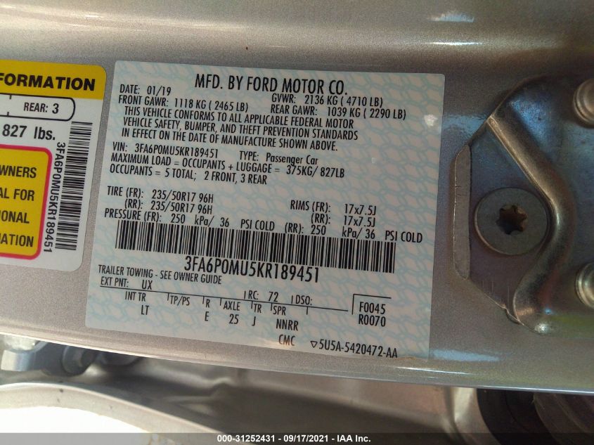 2019 FORD FUSION HYBRID SEL 3FA6P0MU5KR189451