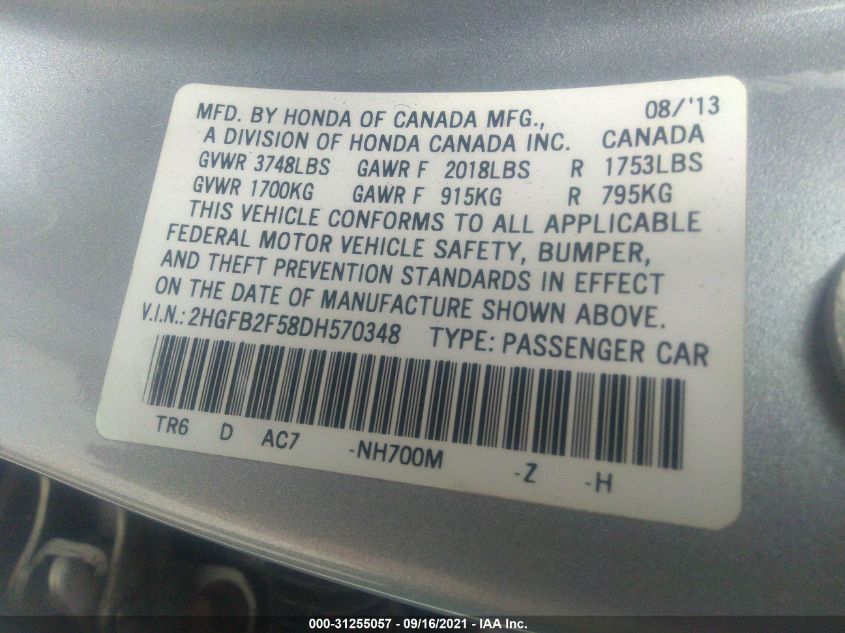 2013 HONDA CIVIC SDN LX 2HGFB2F58DH570348