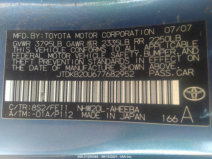 2007 TOYOTA PRIUS VIN: JTDKB20U677682952