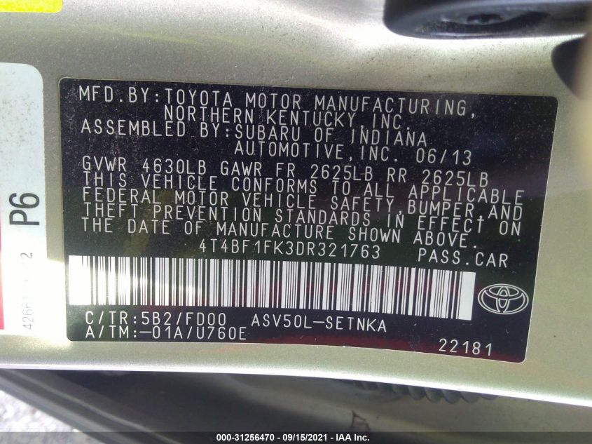 2013 TOYOTA CAMRY LE 4T4BF1FK3DR321763