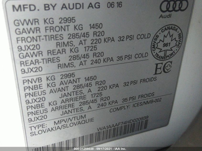 2017 AUDI Q7 PREMIUM WA1AAAF74HD020939