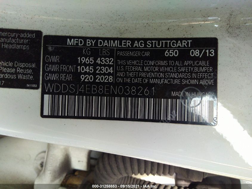 2014 MERCEDES-BENZ CLA-CLASS CLA 250 WDDSJ4EB8EN038261