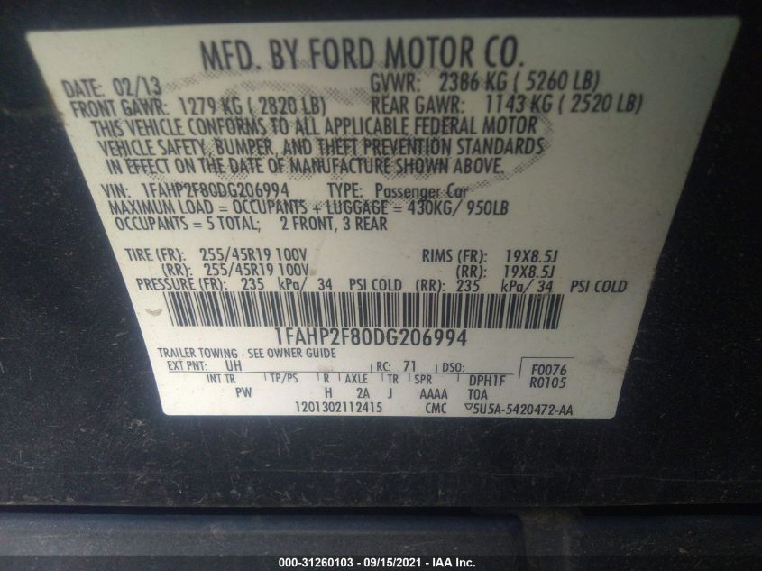 2013 FORD TAURUS LIMITED 1FAHP2F80DG206994