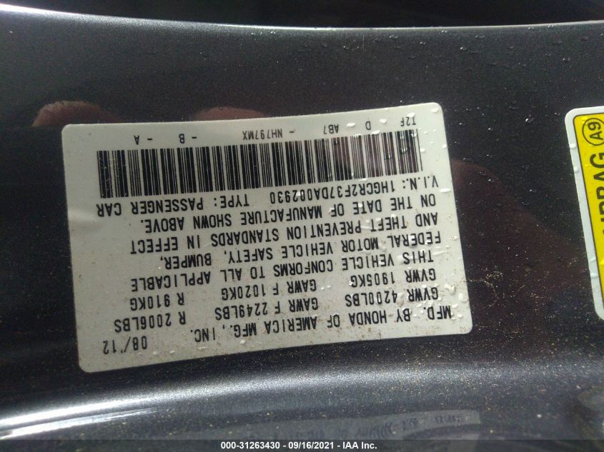 2013 HONDA ACCORD SDN LX 1HGCR2F37DA002930